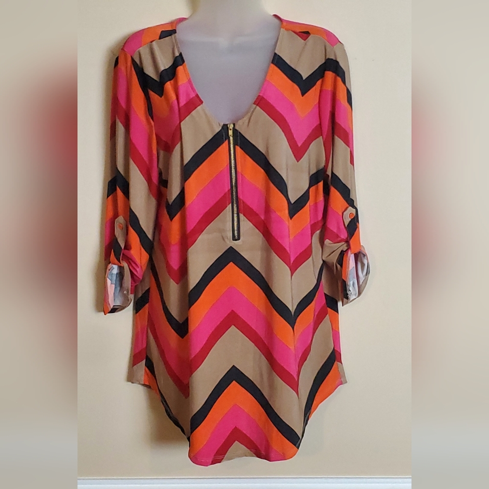 Striking Tacera Pink and Orange Chevron Blouse